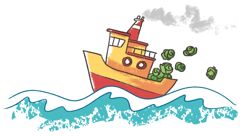 Kaalinkerillä lastattu laiva aallokossa